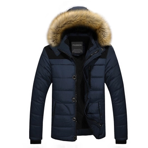 Men winter hooded parka with thick fur collar and blue quilted thermal insulation