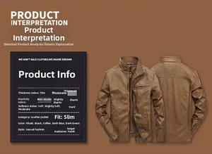 Detail guide of men's vintage brown faux leather jacket with slim fit and stand collar