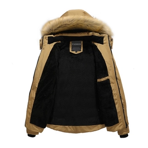 Men's khaki winter parka with faux fur hood and warm black fleece lining for outdoor cold weather
