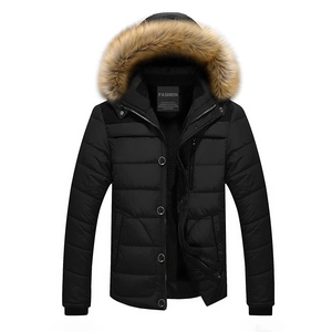 Men's winter black parka with a large faux fur hood and warm ribbed cuffs