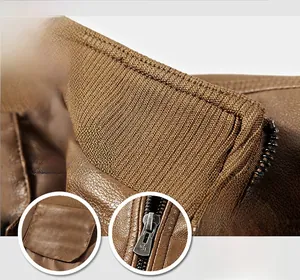 Detail view of brown faux leather jacket featuring ribbed collar and metal zipper hardware