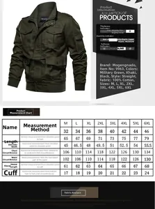 Size chart showing M-6XL measurements for men's 100% cotton stand collar cargo jacket