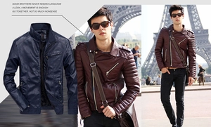 Detail showing vintage washed PU leather jacket with quilted moto shoulders and metal zippers