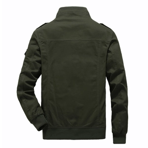 Men's military style cotton jacket with stand collar and rib-knit cuffs in olive green