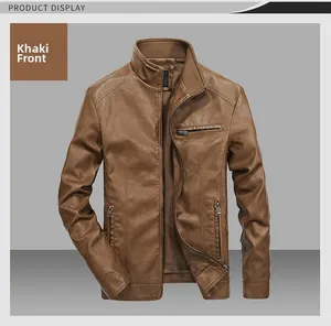 Detailed front view of men's khaki faux leather jacket with stand collar and metal zippers