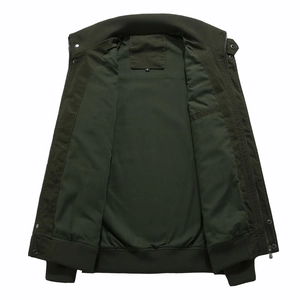 Men's cotton military green jacket with stand collar and rib-knit cuffs in a flat lay view