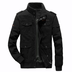 Men's black cotton field jacket with stand collar and multi-pocket utility design