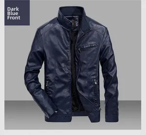 Front detail of men's dark blue stand collar faux leather jacket with metal zippers