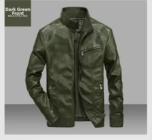 Detailed view of dark green PU leather jacket with metallic zippers and stand collar
