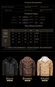 Men's suede jacket size chart with measurements and multiple color options