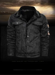 Detail of black faux fur lining and suede texture on men's thermal winter jacket