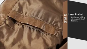 Detail view of the brown inner pocket with anti-theft design on vintage leather jacket
