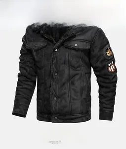 Macro view of men's black suede jacket detailing fleece collar and decorative arm patch