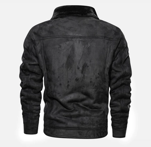 Back view of a men's black suede jacket featuring reinforced stitching and a shearling collar