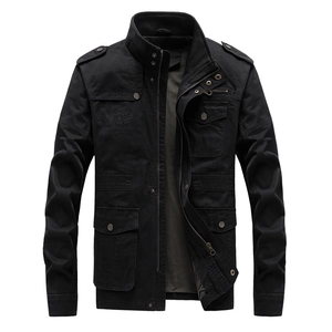 Herren Baumwoll Cargo Jacke in Schwarz mit Stehkragen und Outdoor Stickerei