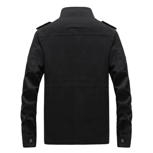 Herren Baumwoll-Arbeitsjacke in Schwarz mit Stehkragen und Schulterklappen, Rückansicht