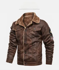 Detail of vintage brown faux shearling jacket with military star patches and lapel collar