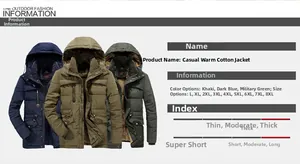 Parka invernale spesso da uomo con cappuccio nei colori kaki, blu navy e verde militare
