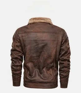 Rear view of men's brown suede jacket showing the vintage texture and fur collar detail