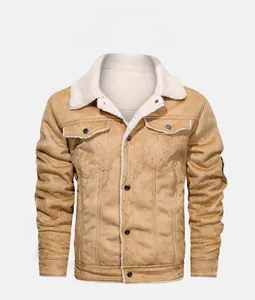 Detail of faux suede jacket with thick faux fur lapel collar and button closure