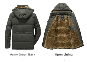 Parka invernale verde militare con spessa fodera in pile marrone e vista posteriore trapuntata