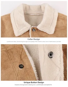 Detail view of suede men jacket with shearling collar and metal button fastening