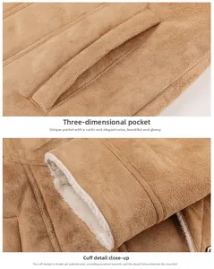 Detail view of khaki suede jacket with white faux fur lining and 3D cargo pocket