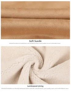 Detailed macro view of soft brown suede fabric and thick white lamb wool lining texture