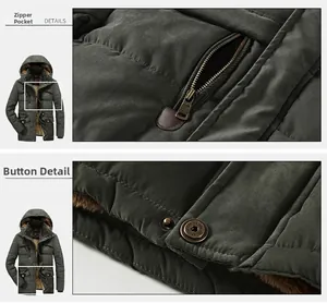 Dettaglio del parka da uomo verde militare con tasche con cerniera e rivetti in metallo