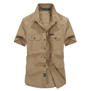Camicia cargo da uomo a maniche corte in puro cotone kaki con tasche a patta