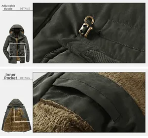Dettaglio parka verde militare con fibbia elastica e calda fodera in pile con tasca
