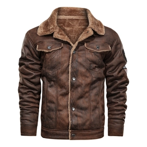 Men's brown suede jacket with fleece lining and vintage military embroidery patches