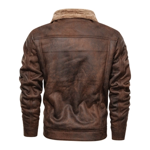 Brown vintage faux suede flight jacket for men with warm fleece collar, rear view
