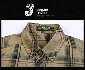 Dettaglio del colletto della camicia a quadri kaki con bottoni moda e etichetta outdoor