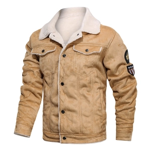 Vintage camel suede jacket for men with warm white shearling collar and lining