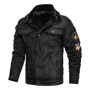 Men's black faux suede jacket with warm shearling collar and embroidered patches