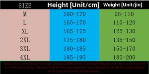Men's winter vest size chart showing height and weight recommendations from M to 4XL