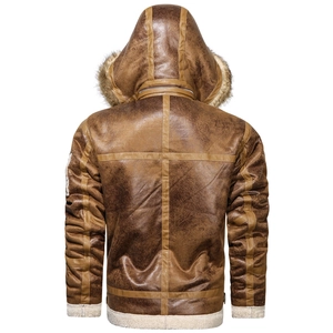 Back view of brown vintage faux leather pilot jacket with fur trim hood and shearling lining