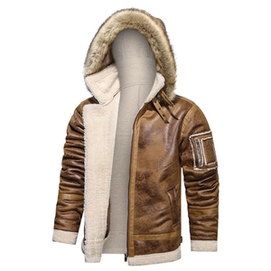 Men's brown hooded faux leather jacket with thick shearling lining and faux fur trim