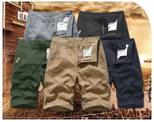 Selection of cotton cargo shorts for men in gray, black, green, khaki and navy blue colors