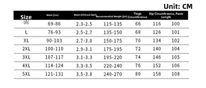 Size chart for men's cotton cargo pants showing waist, hip, and length from M to 5XL