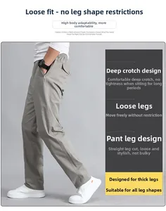 Detail view of men's grey cotton cargo pants showing relaxed fit and side pockets