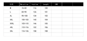 Detailed size chart for men cotton cargo pants including waistline and hipline in CM