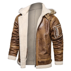 Men's thickened hooded leather jacket with faux shearling lining and fur collar