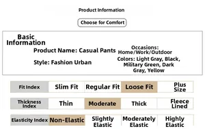 Detailed size chart for men's casual cargo pants in various colors with loose fit info