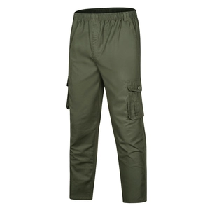 Men's olive cargo pants with elastic waist and multiple pockets in a straight fit cut