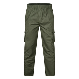Army green cargo pants for men with elastic waist and large side flap pockets