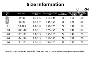 Detailed size chart for men's cotton cargo pants showing waist and length in M-5XL
