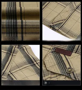 Dettagli macro della camicia a quadri kaki con tessuto twill e toppa in pelle outdoor