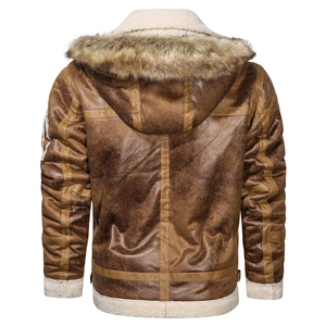 Men's vintage brown faux leather aviator jacket with sheepskin lining and fur hood